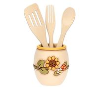 THUN - Set di Portamestolo in Ceramica Decorata a Mano e 3 Mestoli in Legno, Linea Country, Portamestoli 13x13x14.5 cm h, Mestoli 30x5 cm h