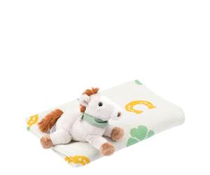 THUN - Set peluche cavallo con copertina tricot Dolce Fattoria - Coperta: 100% cotone. Peluche: tessuto 100% poliestere, accessori in PS., 20 / 90x70cm