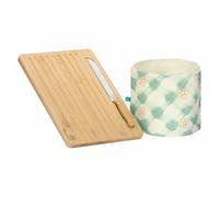THUN - Set tagliere in legno e sacchetto porta pane Bloomia, Acciaio inossidabile, 100%cotone, Collezione Giardino primavera, Tagliere 35 x 25 x 5cm, coltello 28 x 2.5 x 1.5 cm, cestino Ø 20 x 17 cm h