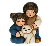 THUN - Statuina Presepe Coppia di Bambini con Gatto - Decorazioni Natale Casa - Linea Presepe Classico, Variante Blu - Ceramica - 5,5 x 4 x 6,5 h cm