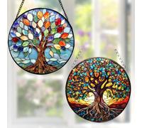 THXFUNAREA Acchiappasole Albero della Vita da Appendere, Set da 2 Decorazioni Finestra Stile Vetro Colorato, Suncatcher Rotondo in Acrilico per Casa Balcone Giardino