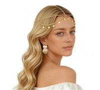 THXFUNAREA Catenella per la Testa Oro con Orecchini coordinati a Paillettes, Copricapo Bohémien per Capelli o Festival,Gioiello Testa in Metallo Dorato a Strati,Per Feste in Maschera e Serate Speciali