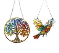 THXFUNAREA Set Da 2 Acchiappasole Da Finestra, Motivi Colibrì E Albero Della Vita, Decorazione Sospesa In Vetro Colorato, Porta Energia Vitale In Casa, Per Soggiorno, Camera Da Letto, Giardino