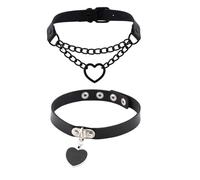 THXFUNAREA Set di 2 Choker Gotici Neri per Donna, Collana Girocollo Regolabile in Pelle Nera con Charme Cuore, Stile Vintage e Ribelle per Ragazze e Donne, Accessorio Moda per Feste in Maschera