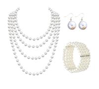 THXFUNAREA Set di 3 Gioielli con Perle per Donna: Collana, Orecchini Lunghi e Braccialetto Elastico a 3 File. Stile Anni '20 in Perle di Plastica per Matrimoni, Feste e Carnevale