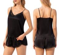 THXSILK Pigiama da donna in seta, sexy, due pezzi, in 100% seta di gelso, scollo a V, comodo e casual, abbigliamento da vacanza, Sexy nero, M