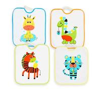 Ti TIN Set di 4 Bavaglini Asilo con Elastico per Bambini | Impermeabili e Assorbenti | 73% Cotone 27% Poliestere | Forro Vinilico | Lavabili in Lavatrice | Stampa Animali Divertenti | 32x28 cm