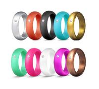 Tianbi Confezione da 10 fedi nuziali in silicone da donna, 5,7 mm, in gomma traspirante, larghe, in gomma metallizzata, impilabili