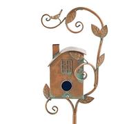 Tianbi Mangiatoia per uccelli in metallo con palo, in metallo Art Cottage Bird House, casa per colibrì, decorazione da giardino in metallo invecchiato per cortile, cortile