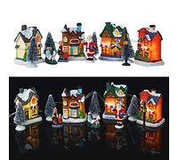 Tianbi Set Villaggio di Natale a LED - 10 Pezzi in Resina, Case in Miniatura Illuminate, Statuette Ornamentali