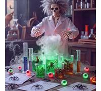 Tiangrid Set di 24 decorazioni per scienziati pazzi di Halloween, kit di oggetti di scena per feste di laboratorio, cilindro, bicchiere in plastica, bulbo oculare, ragni spettrali, con luci verdi, per