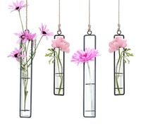 Tianher Vaso in Vetro in Ferro Battuto, 4 Pezzi Nero Vaso in Vetro per Piante da Parete Provetta di Ferro Adatto per Vasi Decorativi da Parete per Piccoli Fiori Secchi e Piante Verdi Idroponiche