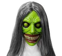 TIANHOO Maschera Horror di Halloween Demone Sorridente con Capelli, Esorcista Orrore Adulto in Lattice per Party Cosplay Puntelli