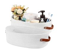 TIANLIN 2 Pezzi Cesto per Riporre Intrecciato in Corda di Cotone, Dimensioni 33×15×10 cm, Piccoli Cesti da Riporre con Maniglie in Pelle per Bagno, Camera da Letto, Cucina e Scaffale (Bianco)