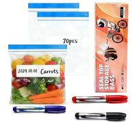 TIANLIN 70 Sacchetti Freezer Riutilizzabili, 3 Misure (0,7L, 1,1L, 4L) Sacchetti Alimenti con 3 Pennarelli Colorati, Sacchetti Plastica Richiudibili per Frutta, Verdura, Carne e Snack