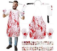 Tianry Costume da Macellaio per Halloween con Grembiule Insanguinato,Coltello Testa Fascia,Coltello Finto,Guanti e 30 Tatuaggi da Zombie - Costume Spaventoso per Uomini, Carnevale, Cosplay, Mascherata