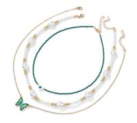 TIANXIAOQWE Set di tre pezzi di collana con ciondolo a forma di farfalla europea e americana con perline sottili e semplice catena a clavicola, Pietra, Quarzo