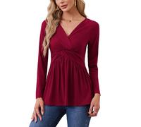 TIANZHU Top per le donne Empire Waist Wrap Baby Doll tunica top manica lunga taglio basso camicia scollo a V camicetta fluida taglia 8-26, Rosso vinaccia, S