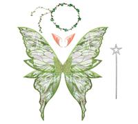 TiaoBug Ali da Fata per Donne e Ragazze Ali da Farfalla per Adulti con Orecchie da Elfo Cerchietto e Bacchetta Magica Costume Cosplay Carnevale Festa di Halloween Verde Taglia unica