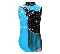 TiaoBug Body da Ginnastica Ritmica Bambina Balletto Leotards con Nappe Strass Body Danza Classica Moderna con Frange Costume da Ballo Latino Americano Performance Azzurro 7-8 anni
