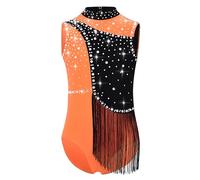 TiaoBug Body da Ginnastica Ritmica Bambina Balletto Leotards con Nappe Strass Body Danza Classica Moderna con Frange Costume da Ballo Latino Americano Performance Arancione 7-8 anni