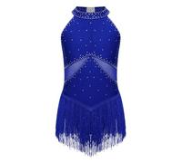 TiaoBug Body Danza Classica Bambina Ginnastica Ritmica Senza Maniche Nappe Leotards da Balletto Pattinaggio Artistico con Frange Strass Abito da Ballo Latino Americano Blu 13-14 anni