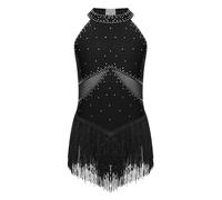 TiaoBug Body Danza Classica Bambina Ginnastica Ritmica Senza Maniche Nappe Leotards da Balletto Pattinaggio Artistico con Frange Strass Abito da Ballo Latino Americano Nero 9-10 anni