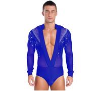 TiaoBug Body Uomo Ballo Latino Americano Tango Abito da Pattinaggio Artistico con Nappe Strass Leotards Bodysuit da Allenamento Costume da Danza Salsa Costumi Prestazione Blu L