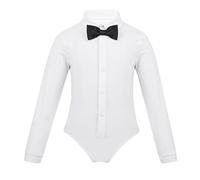 TiaoBug Camicia da Bambino Slim Fit Body da Ballo Latino Costumi da Danza con Cravatta a Farfalla Dancewear Abito per Prestazione Competizione Festa Elegante Nero Bianco Bianco 12 anni