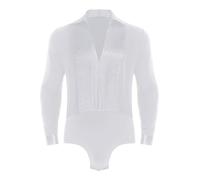 TiaoBug Camicia da Uomo Ballo Latino Americano Tango Body Danza Classica Moderna Samba Salsa Maniche Lunghe Strass Leotards da Balletto Body da Pattinaggio Artistico Jumpsuit Bianco XXL