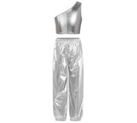 TiaoBug Completi Sportivi da Ginnastica Artistica Bambine e Ragazze Tuta da Danza Moderna Jazz Hip Hop Crop Top Reggiseno Sportivo + Pantaloni Lunghi Streetwear Argento 9-10 anni