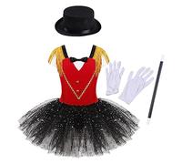 TiaoBug Costume Carnevale Bambina 4 Pezzi Domatrice Circo Domatore Presentatore Il più Grande Artista Tuta da Balletto con Vestito Tutu + Cappello + Bacchetta Magica + Guanti Rosso 5-6 anni
