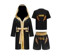 TiaoBug Costume da Allenamento da Pugile Bambino Ragazzo Completo da Boxe Muay Thai MMA Kick Boxing Cappotto da Pugile con Cappuccio + Maglia Sportiva + Pantaloncini Oro&Nero 11-12 anni
