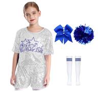 TiaoBug Costume da Cheer-Leader Bambina 5 Pezzi Vestito Cheerleading Carnevale con Paillettes Lucide T-Shirt Felpa Manica Corta + Pantaloncini + Copricapo + Calzini + Pon Pon Argento 9-11 anni
