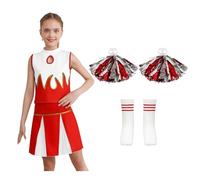 TiaoBug Costume da Cheer-Leader per Ragazze Vestito Cheerleading con Pompon e Calzini Uniforme Scolastica per Scuola e Feste Costume Canervale Festa di Halloween Rosso 11-12 anni