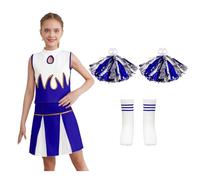 TiaoBug Costume da Cheer-Leader per Ragazze Vestito Cheerleading con Pompon e Calzini Uniforme Scolastica per Scuola e Feste Costume Canervale Festa di Halloween Blu 9-10 anni