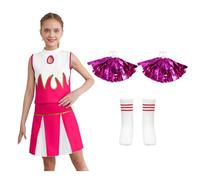 TiaoBug Costume da Cheer-Leader per Ragazze Vestito Cheerleading con Pompon e Calzini Uniforme Scolastica per Scuola e Feste Costume Canervale Festa di Halloween Rosa caldo 5-6 anni