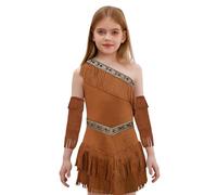 TiaoBug Costume da Nativa Americana Bambina Vestito da Indiana Monospalla Costume Cowgirl Texana Costumi Carnevale Halloween Abito Travestimento Etnico per Compleanni e Party Marrone 9-10 anni