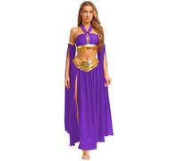 TiaoBug Costume Danza del Ventre Donna Vestito Danzatrice del Ventre Ballo Indiano Arabo Abito da Ballo Lirico Contemporaneo Crop Top Gonna Lunga Costume Carnevale Halloween Viola XL