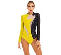 TiaoBug Donna Balletto Body da Danza Classica Moderna Abito da Ginnastica Pattinaggio Artistico Tank Leotard con Strass Costumi di Danza Jazz Samba Ballo Latino Jumpsuit Nero&Giallo M