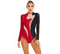 TiaoBug Donna Balletto Body da Danza Classica Moderna Abito da Ginnastica Pattinaggio Artistico Tank Leotard con Strass Costumi di Danza Jazz Samba Ballo Latino Jumpsuit Nero&Rosso S