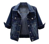 TiaoBug Giubbino Bolero Corto da Donna in Denim Manica 3/4 Giacca in Jeans Giacchetto con Tasche a Maniche 3/4 Trucker Giacca Estate Giacche Bolero Coprispalle Streetwear Blu scuro L
