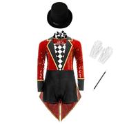 TiaoBug Ragazze Costume Direttore di Circo con Paillettes Vestito da Banda Majorette Body Danza Ginnastica Abito da Maestro del Circo Ringmaster Costume Carnevale Halloween Rosso 15-16 anni