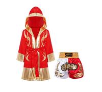 TiaoBug Ragazzi Set di Uniformi da Boxe Abbigliamento da Muay Thai MMA Kickboxing Grappling Combattimento Accappatoio da Boxe + Pantaloncini Trunks Competizione Oro&Rosso 9-10 anni