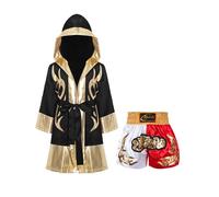 TiaoBug Ragazzi Set di Uniformi da Boxe Abbigliamento da Muay Thai MMA Kickboxing Grappling Combattimento Accappatoio da Boxe + Pantaloncini Trunks Competizione Nero&Oro&Rosso 13-14 anni