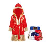 TiaoBug Ragazzi Set di Uniformi da Boxe Abbigliamento da Muay Thai MMA Kickboxing Grappling Combattimento Accappatoio da Boxe + Pantaloncini Trunks Competizione Rosso&Bianco 11-12 anni