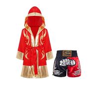 TiaoBug Ragazzi Set di Uniformi da Boxe Abbigliamento da Muay Thai MMA Kickboxing Grappling Combattimento Accappatoio da Boxe + Pantaloncini Trunks Competizione Rosso&Nero 7-8 anni