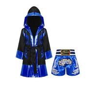 TiaoBug Ragazzi Set di Uniformi da Boxe Abbigliamento da Muay Thai MMA Kickboxing Grappling Combattimento Accappatoio da Boxe + Pantaloncini Trunks Competizione Blu 7-8 anni
