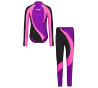 TiaoBug Ragazzo Ginnastica Leotards con Leggings Camicia Body da Ballo Latino Americano Tango Body Danza Classica Moderna Standard Valzer Manica Lunga Jumpsuit Sportiva Viola 13-14 anni