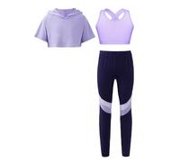 TiaoBug Tuta Sportiva da Ginnastica Danza Moderna Bambina 3 Pezzi Completo Sportivo da Ballo di Strada Danza Hip Hop Hoodie Felpa Maniche Corte + Canotta Gilet + Leggings Lanvanda 9-10 anni